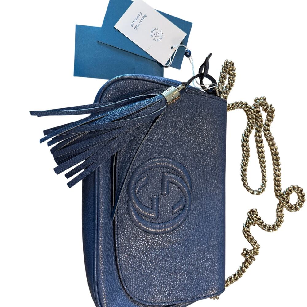 Authentic Gucci Soho Disco Crossbody Bag — Navy Blue Pebbled Leather